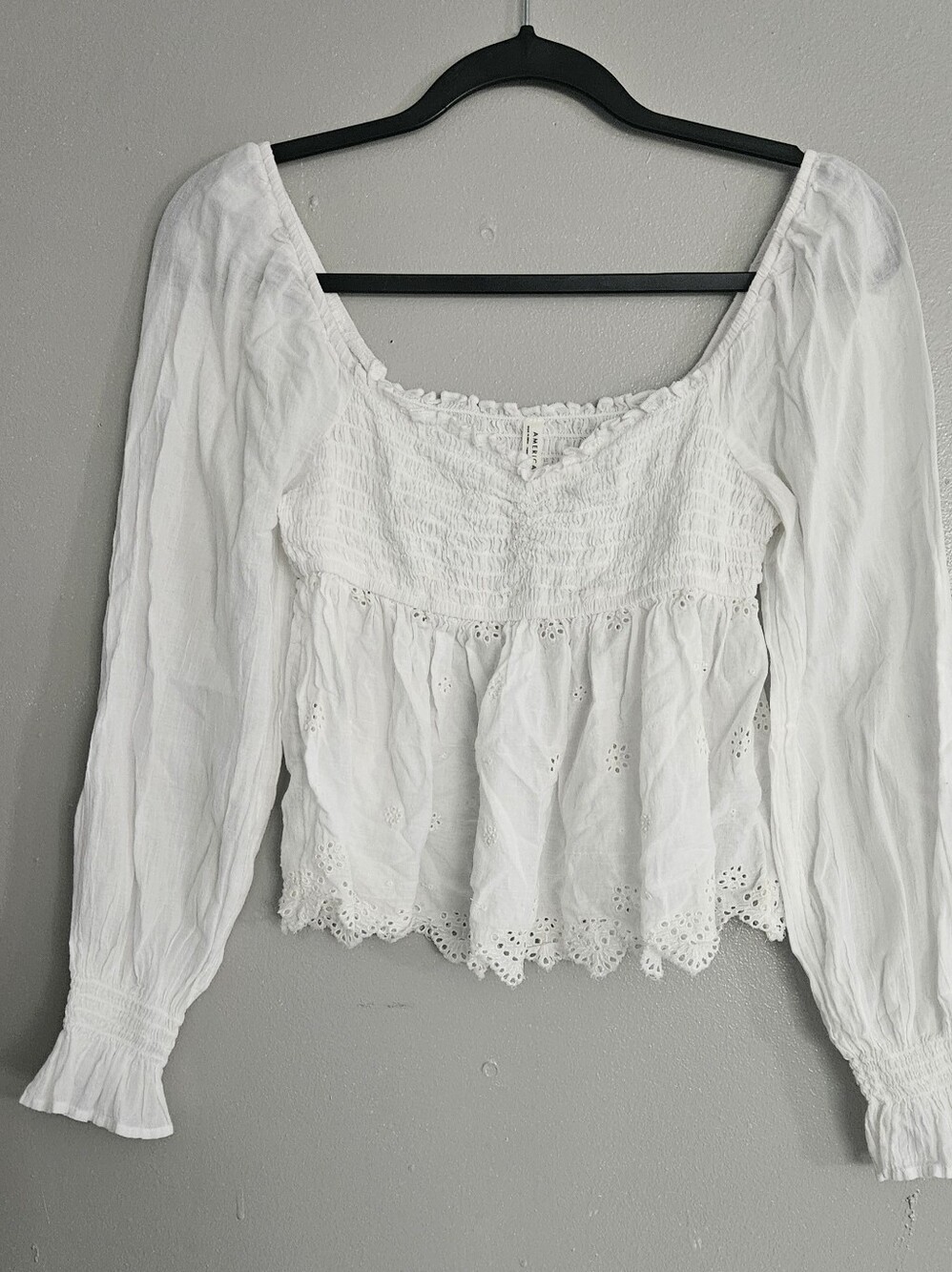 American Eagle Outfitters White Smocked Eyelet Peasant Blouse